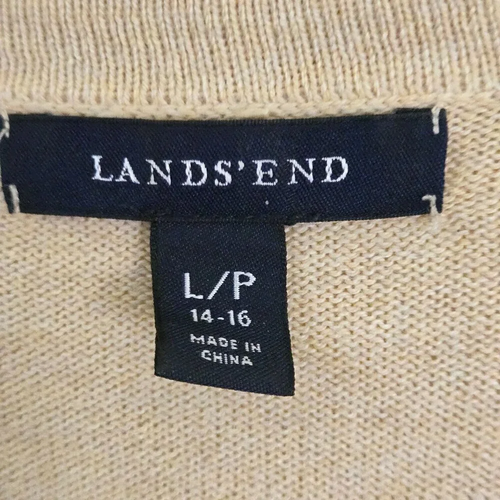 Lands' End Neutral Beige Long Line Grandma Sweater Pockets Button Closure Size L